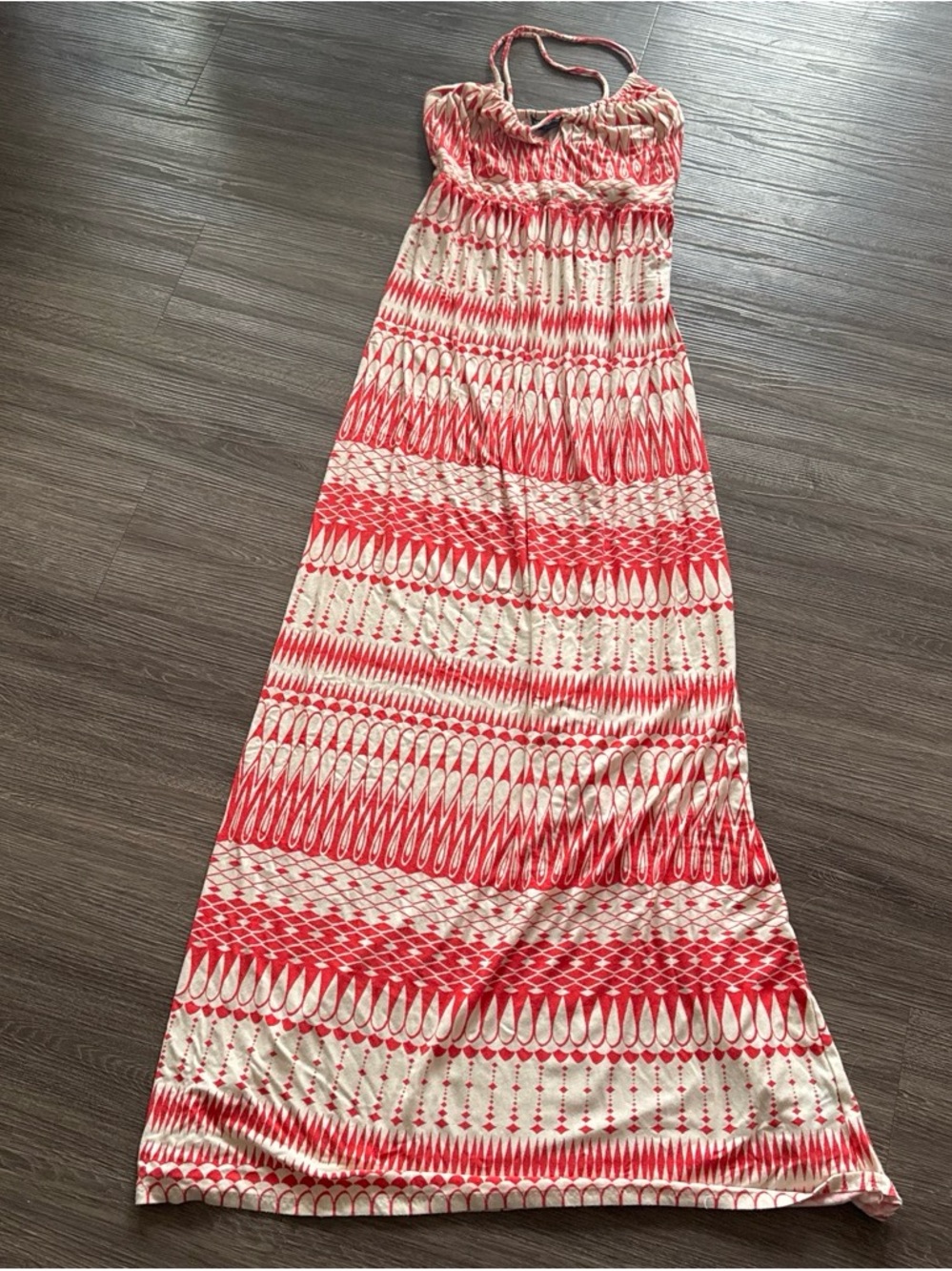 Deletta Red and Cream Tribal-Print Halter Maxi Skirt